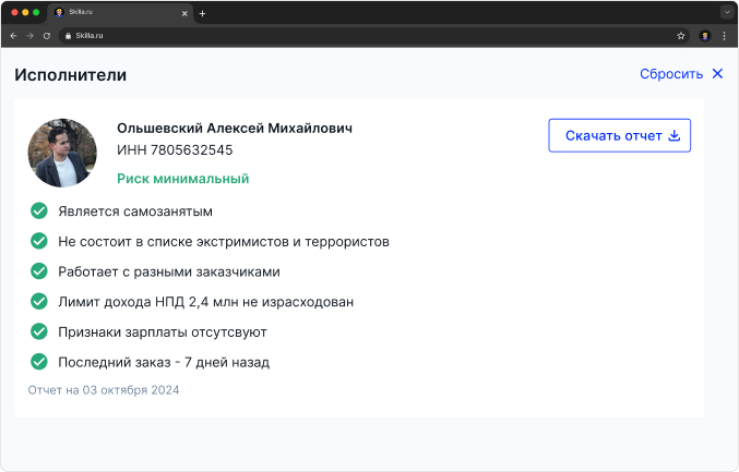 Скриншот платформы. Страница исполнителя