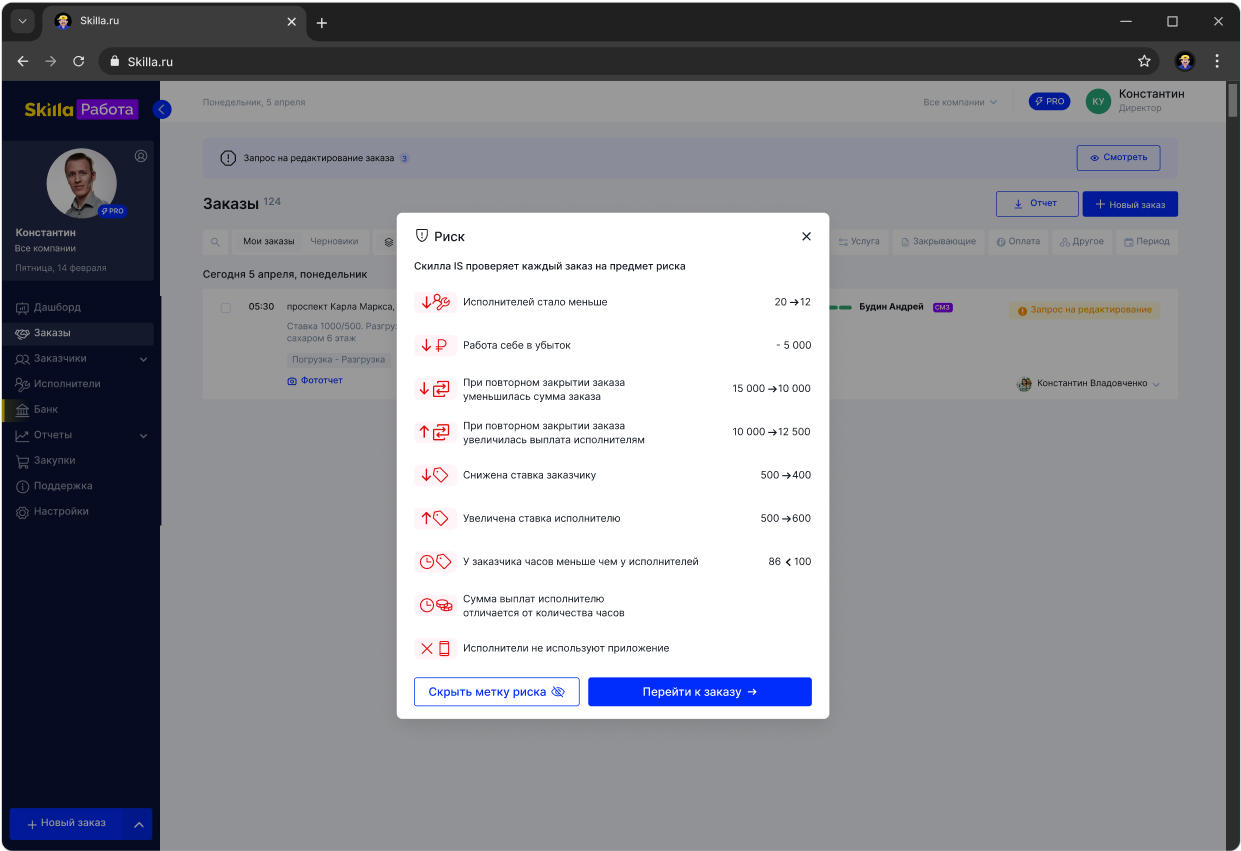 Скриншот платформы Скилла. Карточка исполнителя