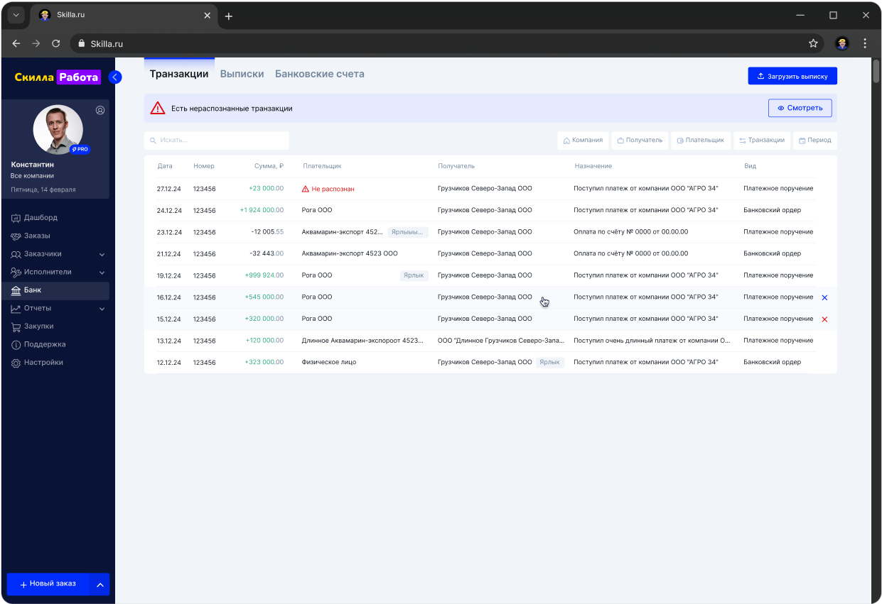 Скриншот Скилла. Поле транзакции